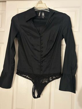 Bisou Bisou Black Lace-Trim Button Front Bodysuit Blouse